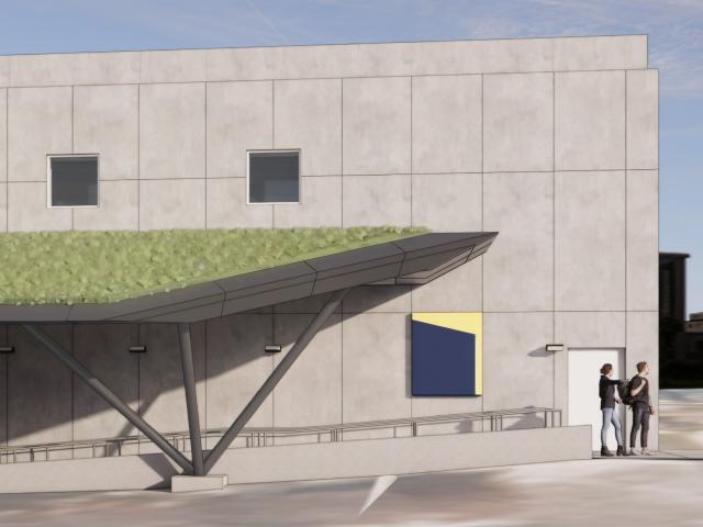 A rendering of the Ford Recreation Cenrter entryway canopy, featuring a green roof.
